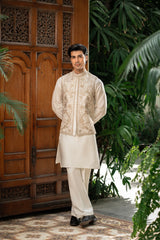 Ivory Gold Embroidered Waistcoat W-2997