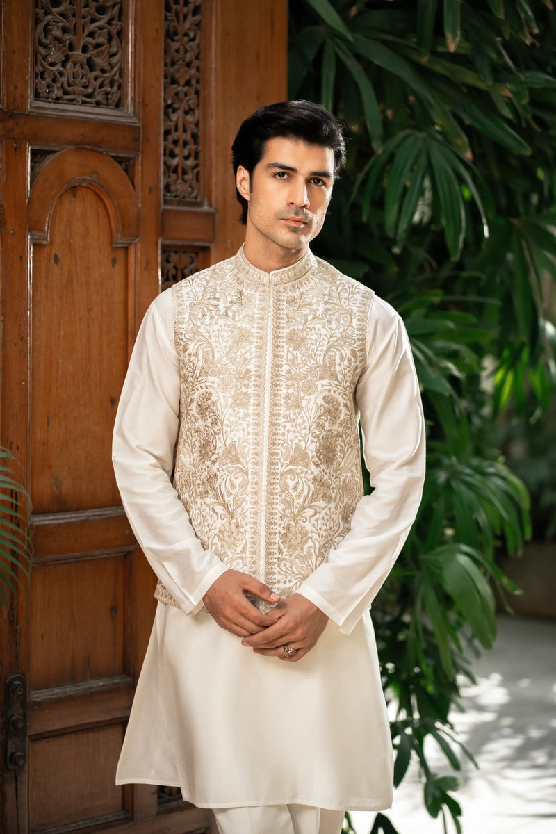 Ivory Gold Embroidered Waistcoat W-2997