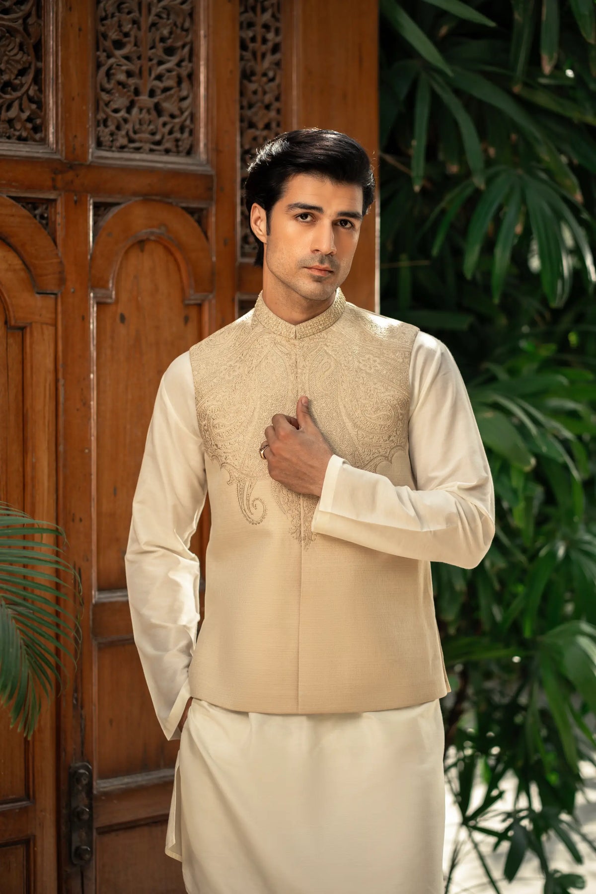 Fawn Embroidered  Waistcoat W-2985