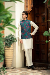 Teal blue Embroidered Waistcoat W-2906