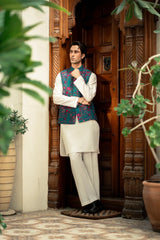 Teal blue Embroidered Waistcoat W-2906
