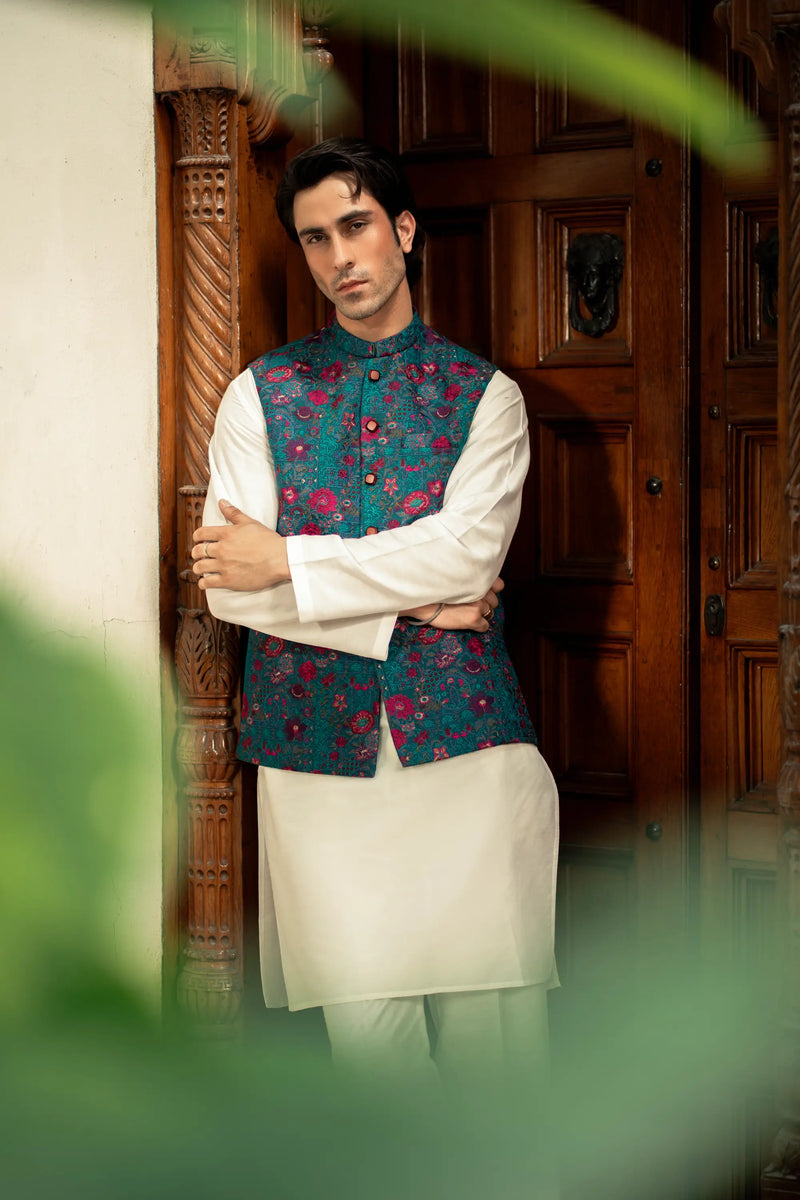 Teal blue Embroidered Waistcoat W-2906