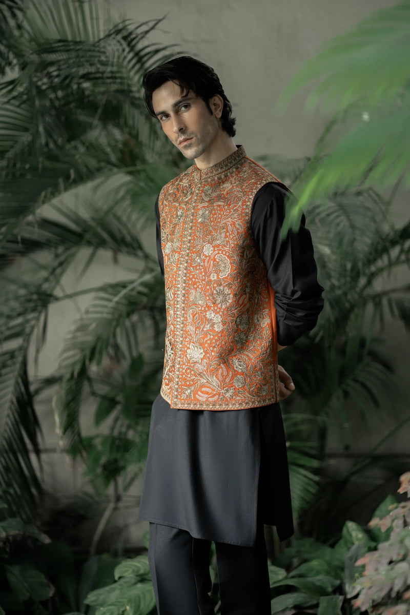 Rust Gold Embroidered Waistcoat W-3000