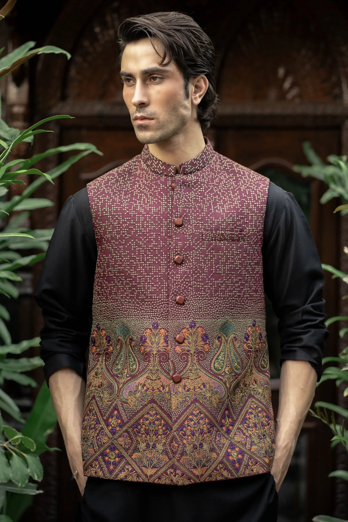 Maroon Embroidered Waistcoat W-2867-1