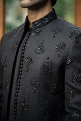 Black Embroidered Front Open Sherwani GS-5149