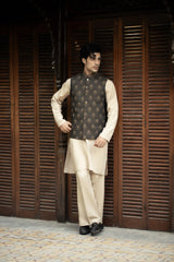 Coffee Brown Embroidered Waistcoat W-2891