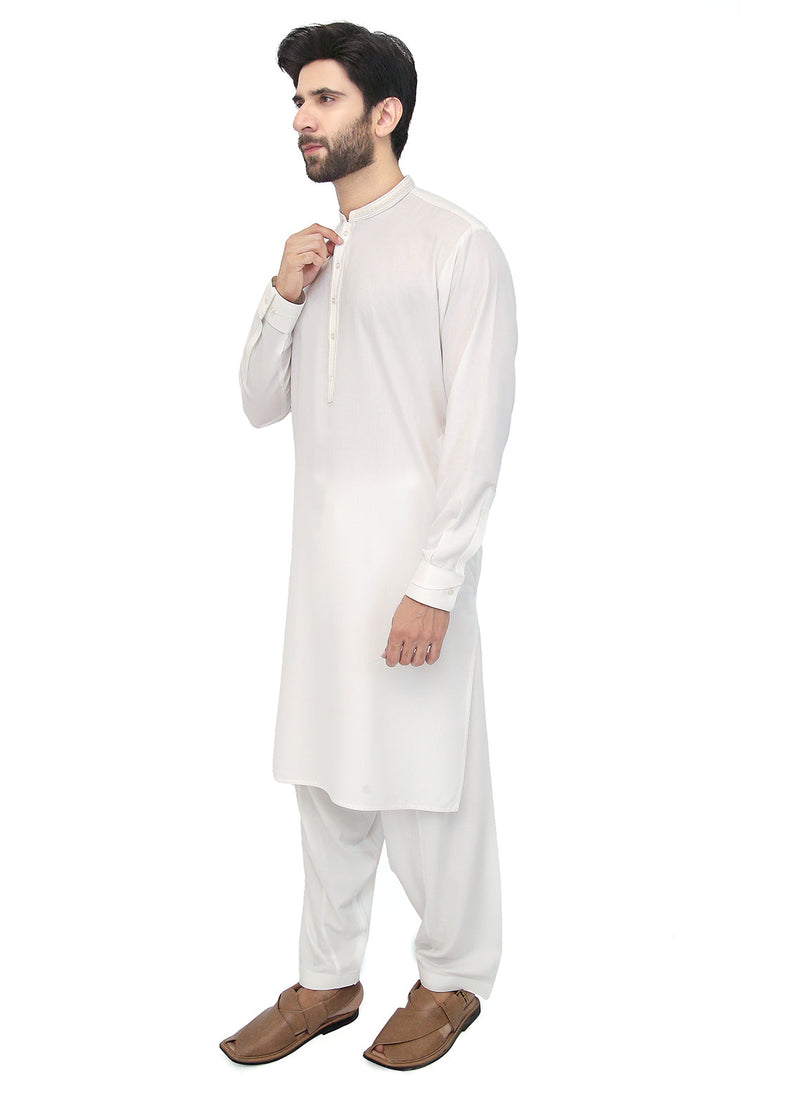 Embroidered White Kameez Shalwar For Men's